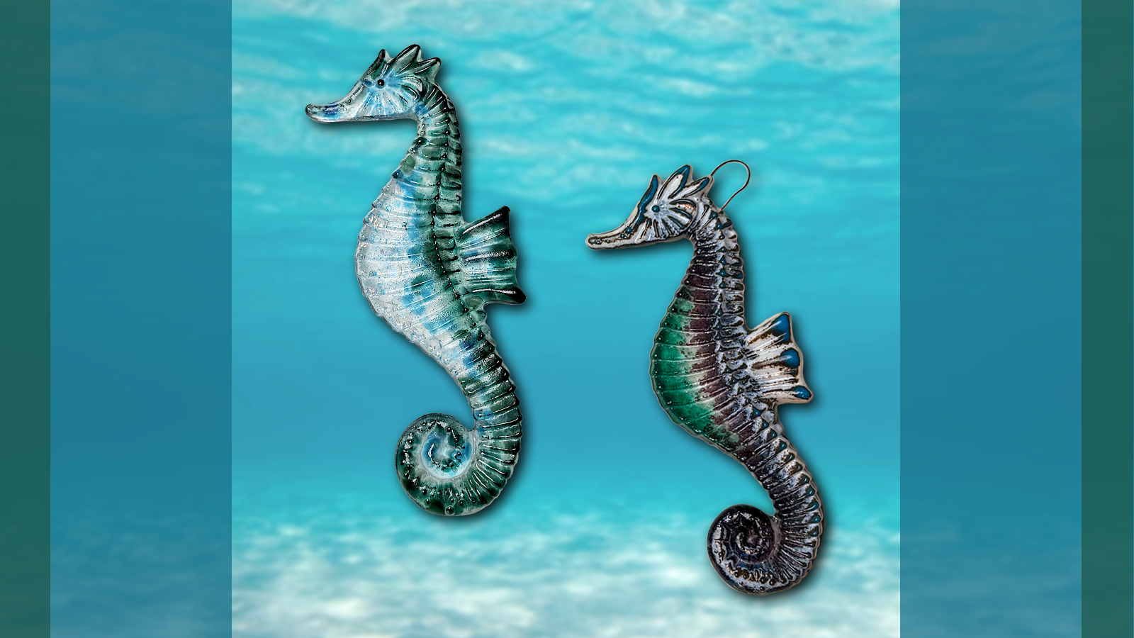 Two seahorses made of fused glass imposed on a realistic ocean background. The left is made of blues and greens, the right of white, teal, and dark red.